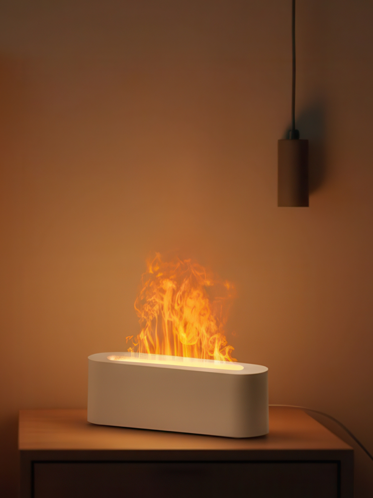 Ультразвуковой Увлажнитель KINSCOTER. С диффузором для ароматерапии RGB Fire Nightlight Cool Mist. Белый