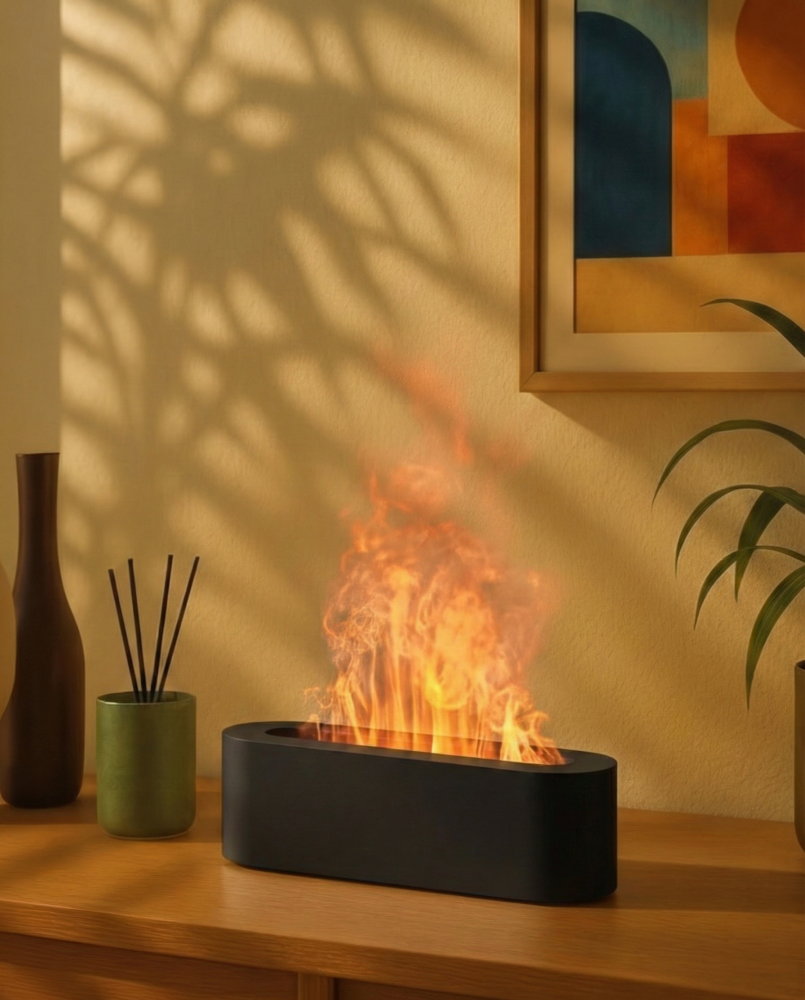 Ультразвуковой Увлажнитель KINSCOTER. С диффузором для ароматерапии RGB Fire Nightlight Cool Mist. Черный